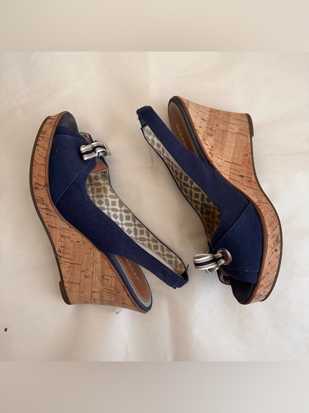 Sperry Top Sider Navy Cork Wedge Slingback Women 8M Nautical Blue Bow Sailor Y2K - Picture 8 of 9